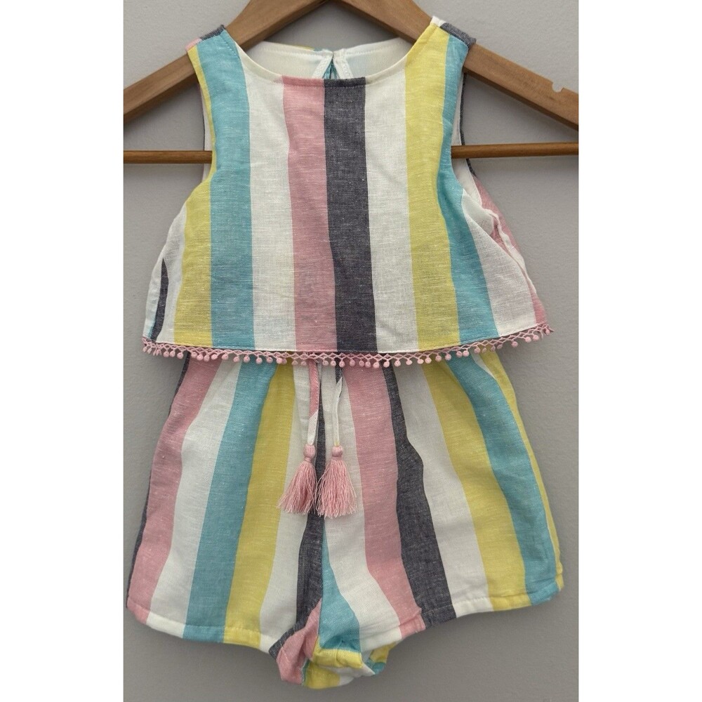 Rare Editions 2T Pastel Colored Striped Summer Tassel Romper